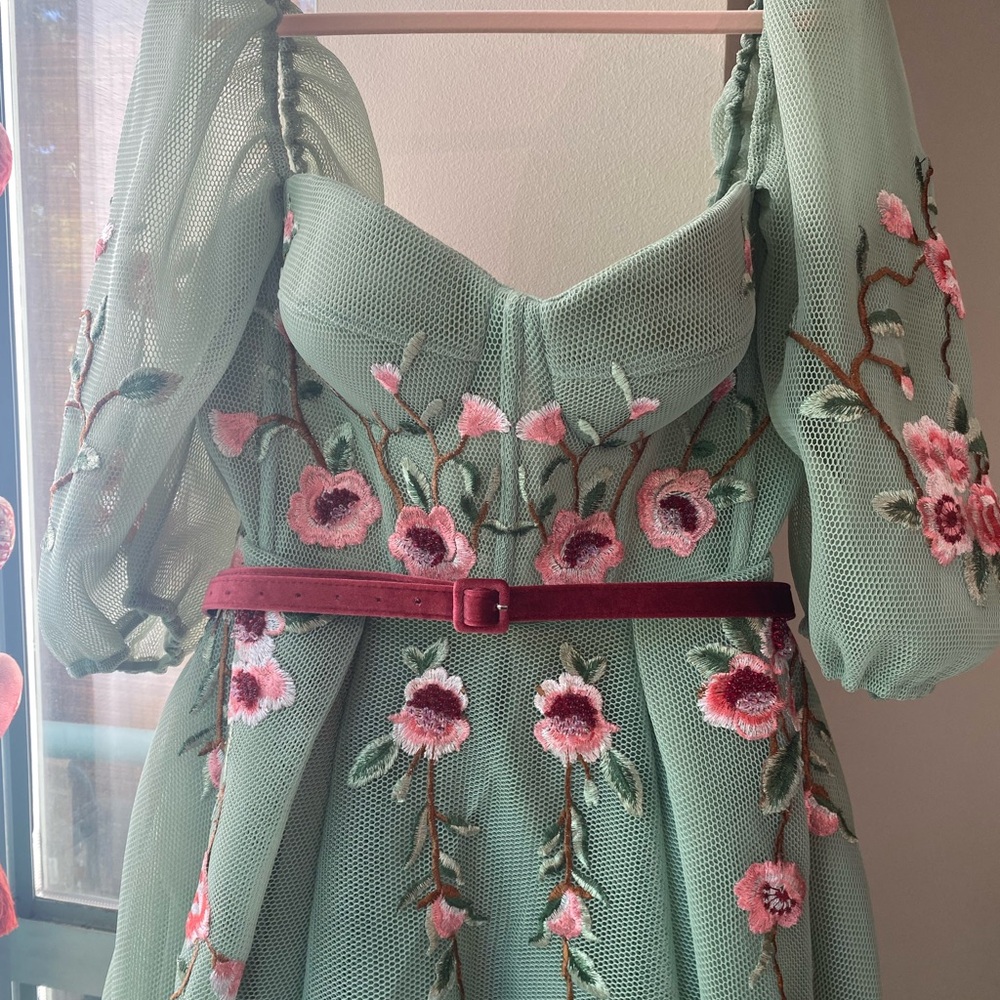 Teuta Matoshi Sage Green Maxi Dress with Pink Floral Embroidery - Picture 12 of 12